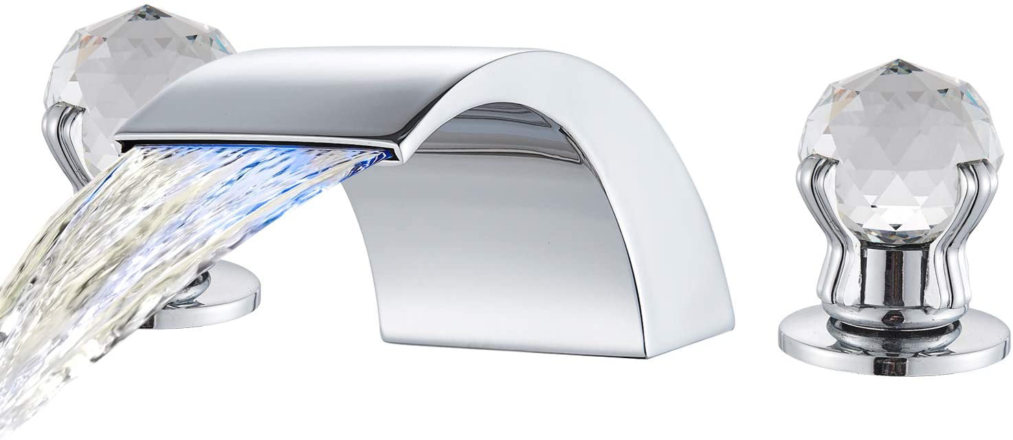 Chrome 2Handle 3Hole LED Waterfall Spout Basin Sink Faucet Deck Mount Mixer Tap 