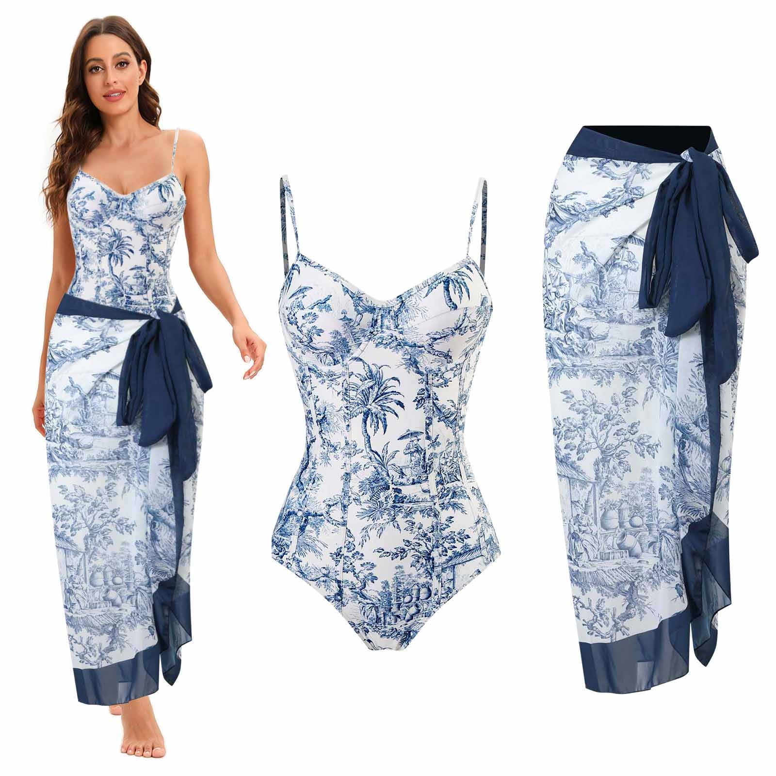 Printed One-Piece Swimwear and Skirt Set
