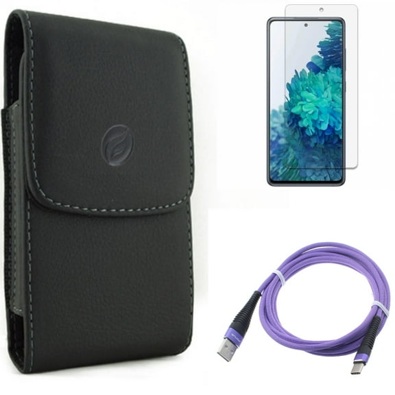 6ft USB Cable & Screen Protector & Case Belt Clip for Samsung Galaxy S20 Fan Edition - Purple Type-C   Anti-Glare Tempered Glass   Leather Holster Combo