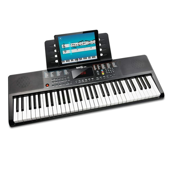 Teclado RockJam compacto de 61 teclas con atril para partituras, fuente de alimentación, pegatinas de notas de piano y lecciones de piano simples