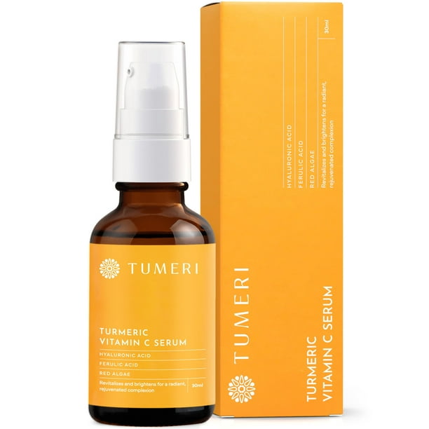 TUMERI Suero facial de vitamina C de cúrcuma - Cuidado de la piel facial Suero de vitamina C y cúrcuma para manchas oscuras y ojeras - Con vitamina C + E y ácido ferúlico - 1 fl oz