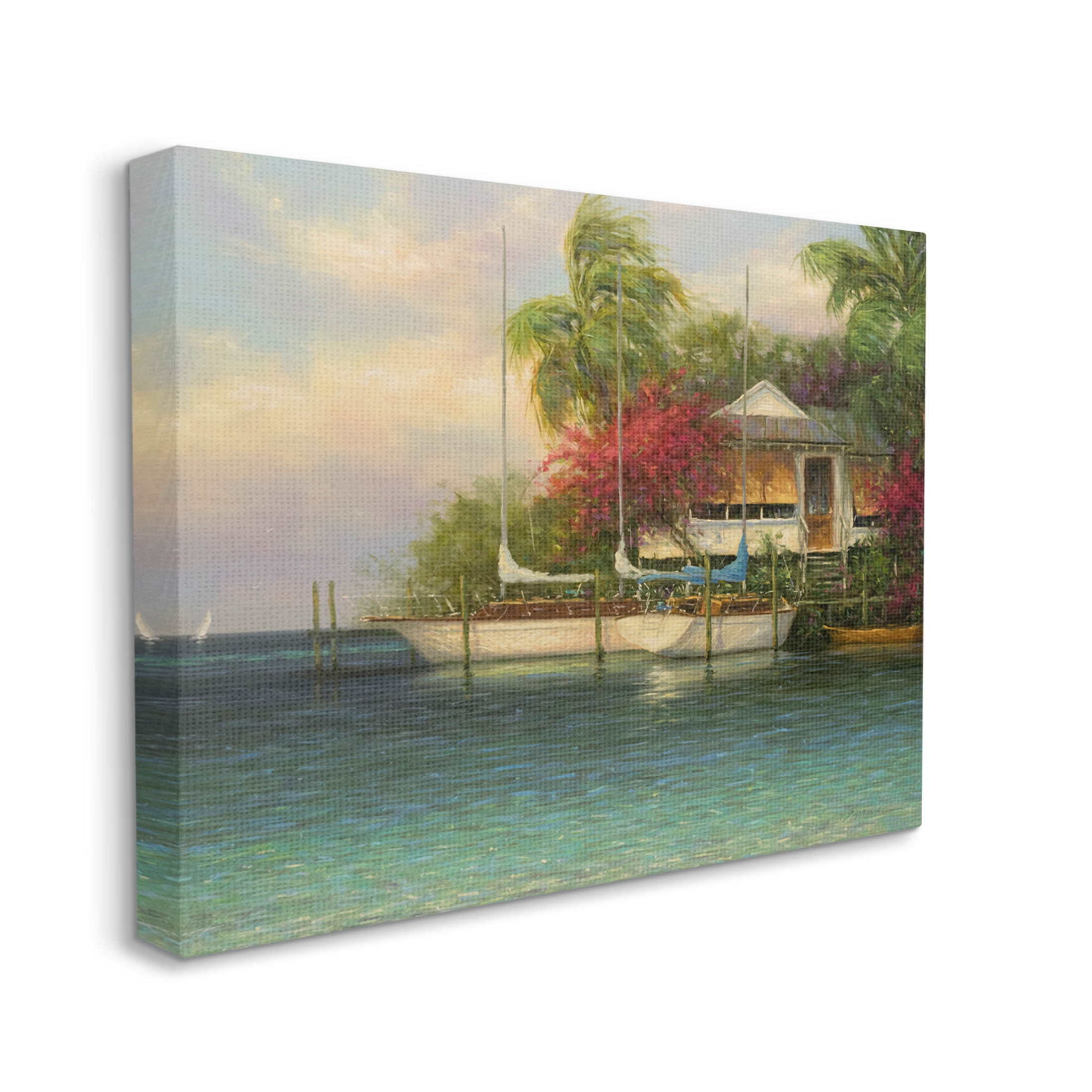 Tropical Boats Waterfront Scenery Landscape Painting Gallery Wrapped Canvas Print Wall Art