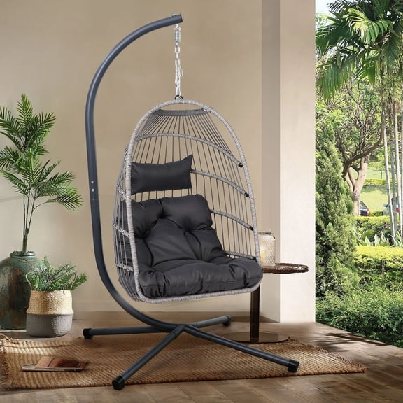 Black & Gray Outdoor Egg Hanging Chair with Stand - PE Rattan Patio Swing Chair, Rust-Resistant Frame, 350lb Capacity