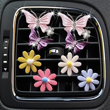 Car Air Fresheners Vent Clips for Women, 6 Pcs Cute Butterfly & Daisy Diamond Car Air Vent Clips Cute Flower Car Decor Bling Pink Car Accessories Car Interior Decoration