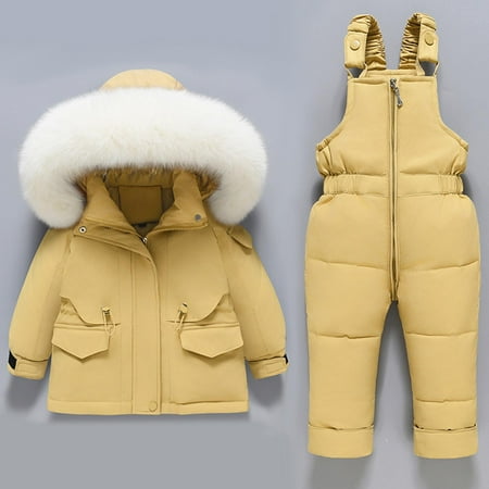 absuyy Kids Winter Coats Fleece Thicken Warm with Hood Outdoor Puffer Coat Jumpsuit Set Quilted Ski Jacket Two-piece Suit Yellow Size 3 Years