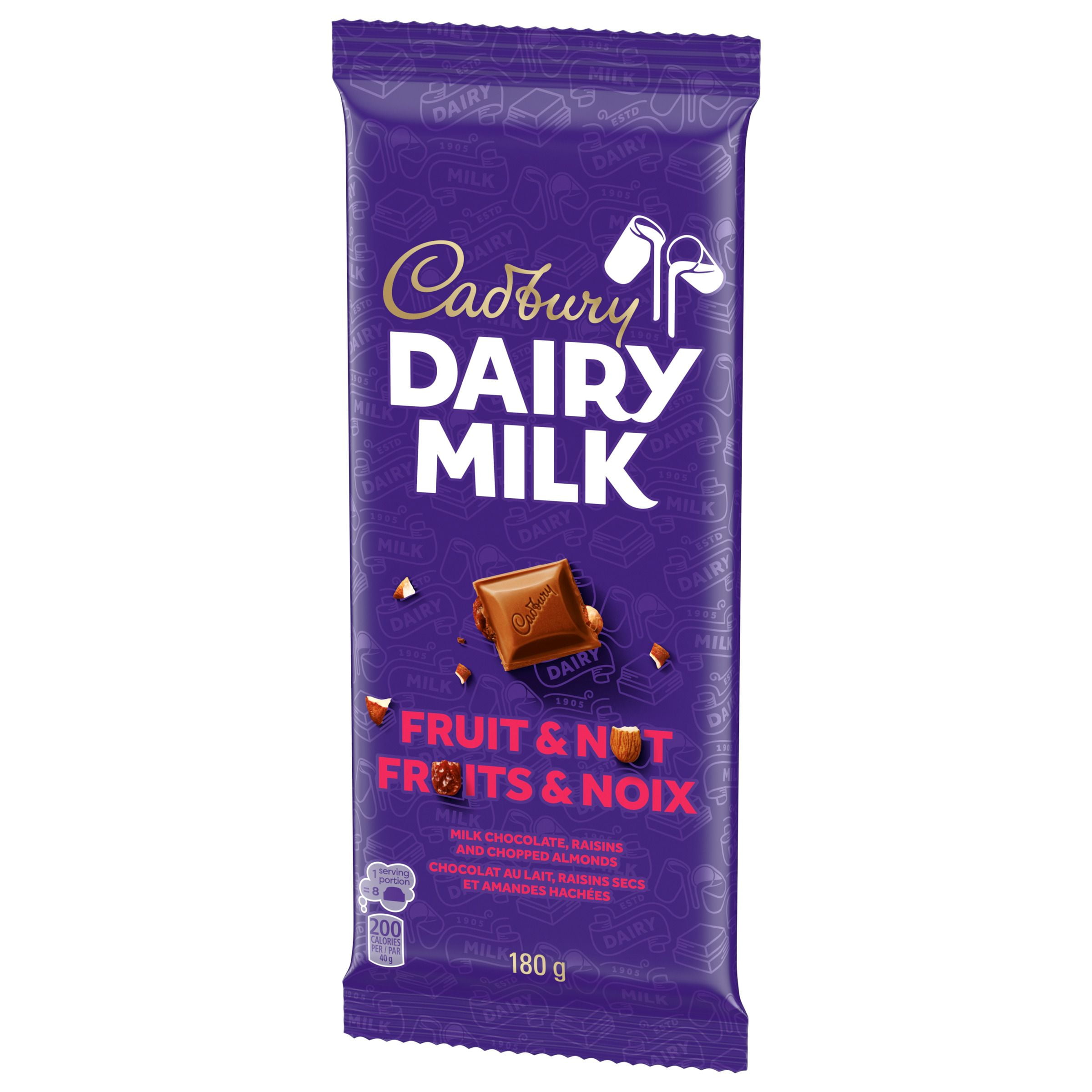 CADBURY DAIRY MILK, Fruit & Nut Chocolate Bar, CADBURY DAIRY MILK Milk Chocolate with Raisins and Chopped Almonds, 180 g, CADBURY DAIRY MILK FRUIT &NUT 180G 12