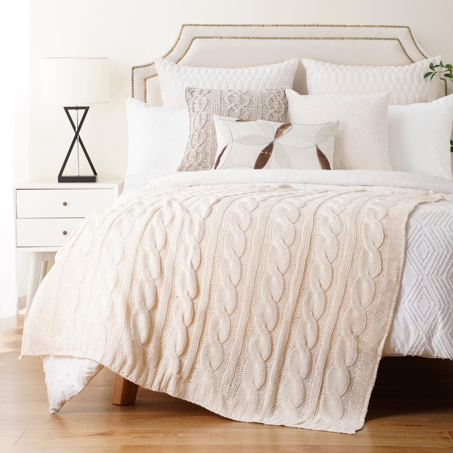 Cream Cable Knit Blankets, White Herringbone Decorative Knitted Throw,Housewarming Gifts,50"x60"