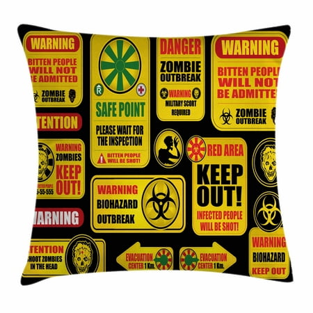- Zombie Decor Throw Pillow Cushion Cover, Apocalypse Signs Attention Danger Safe Point Evil Phrase Modern Image, Decorative Square Accent Pillow Case, 18 X 18 Inches, Yellow Grey Red, by Ambesonne