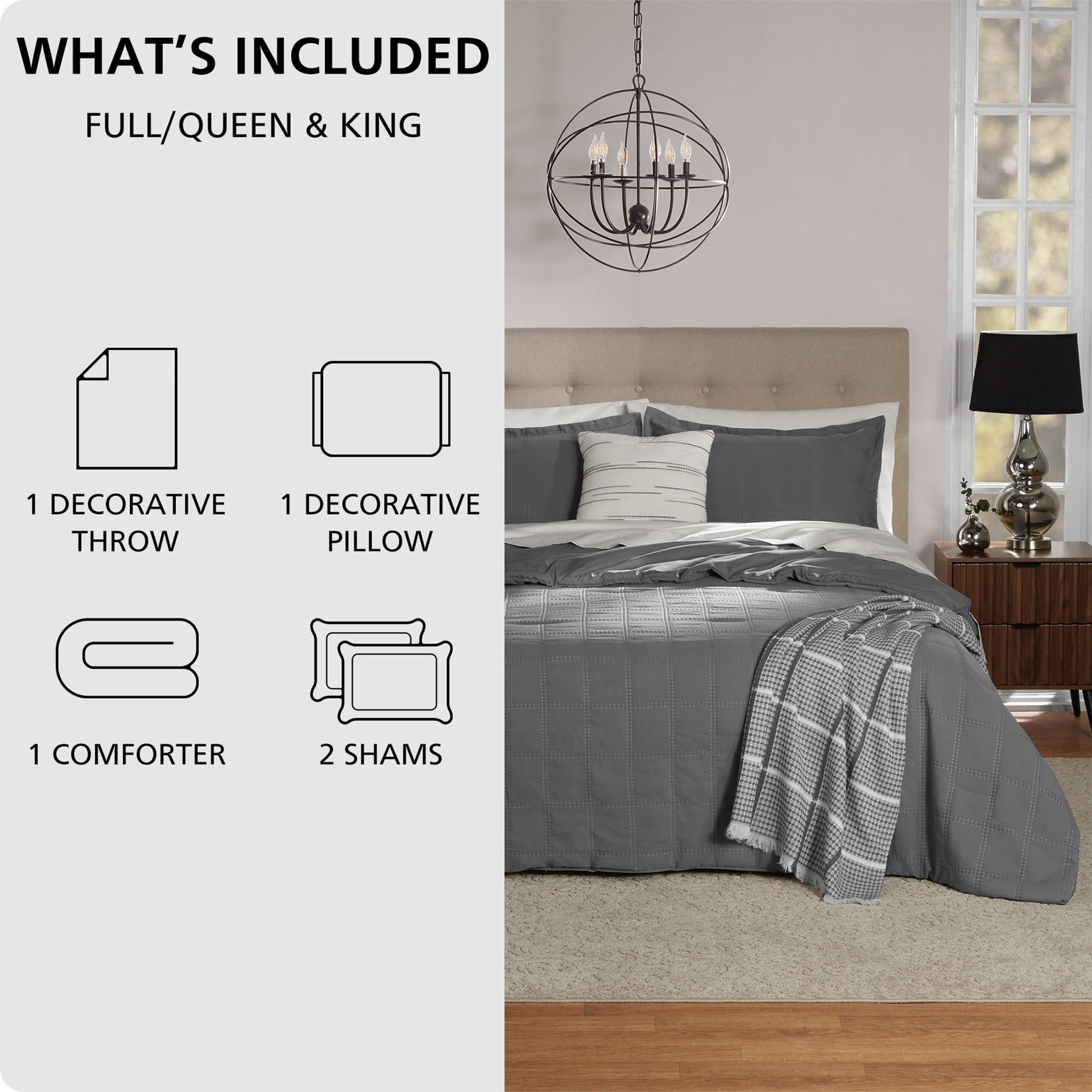 Mainstays Full/Queen Comforter Set, All-Season, 5-Piece, Grey Waffle Check