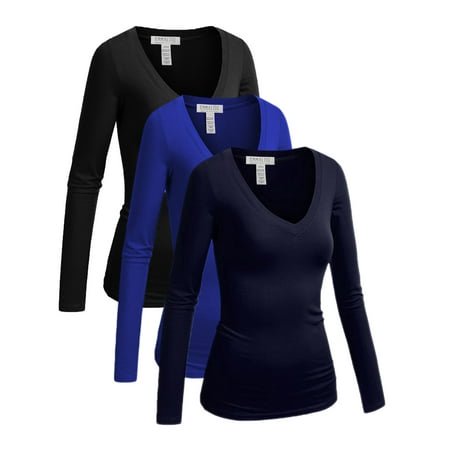 Emmalise Womens Junior and Plus Size Vneck Tshirt Long Sleeves Shirt Tee, Small, 3Pk Black, Royal, Navy