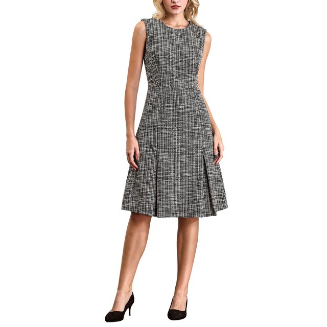 INSPIRAR CHIC Vestido de Trabajo A-Line sin Mangas de Cuello Redondo de Tweed para Mujeres, Largo hasta la Rodilla, Negro Beige
