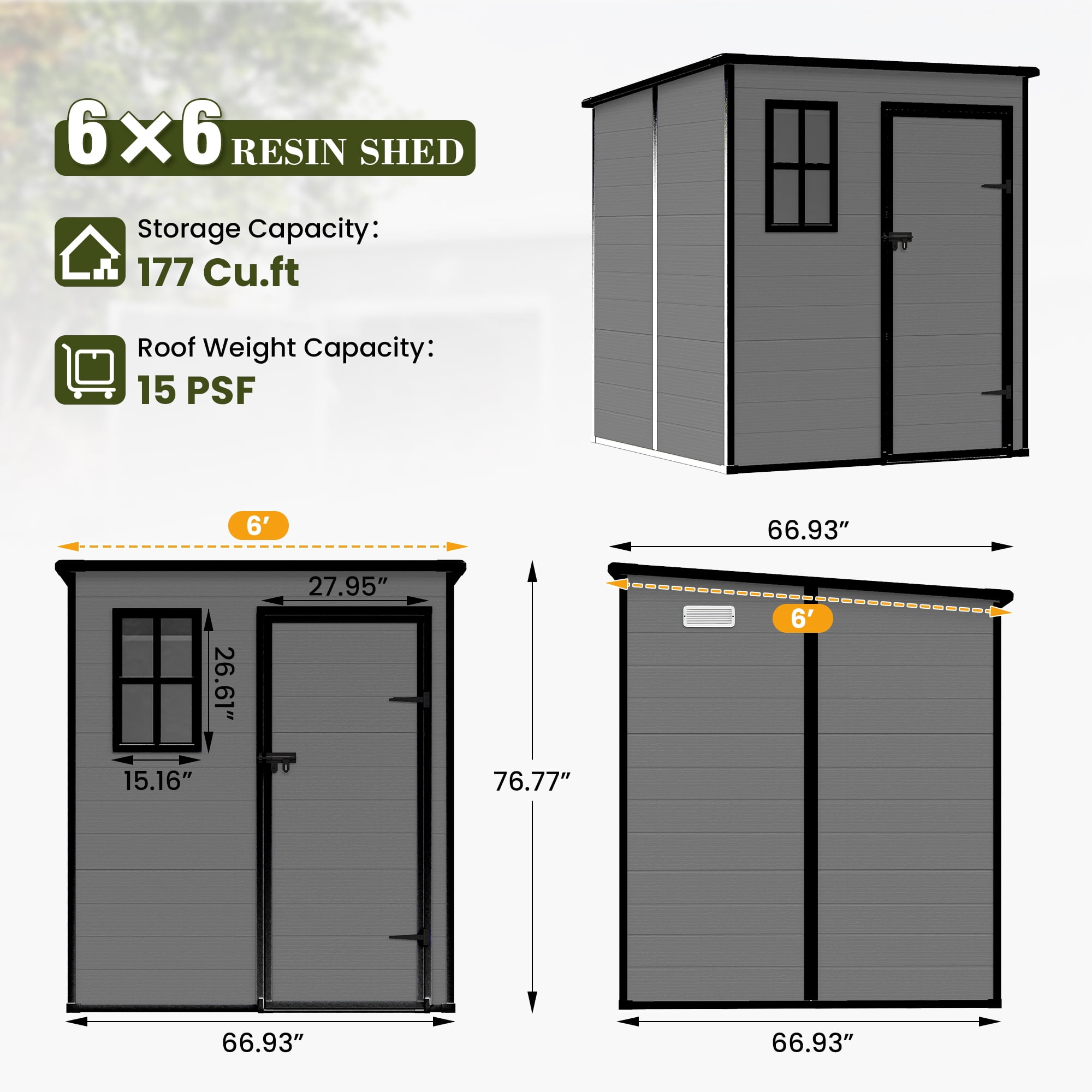 ELPOSUN Outdoor Resin Storage Shed 6x6 FT,Plastic Garden Shed for Bike,Garbage Can, Tool,Outside Sheds with Lockable Door for Backyard,Patio, Lawn,Dark Gray,Dark Gray