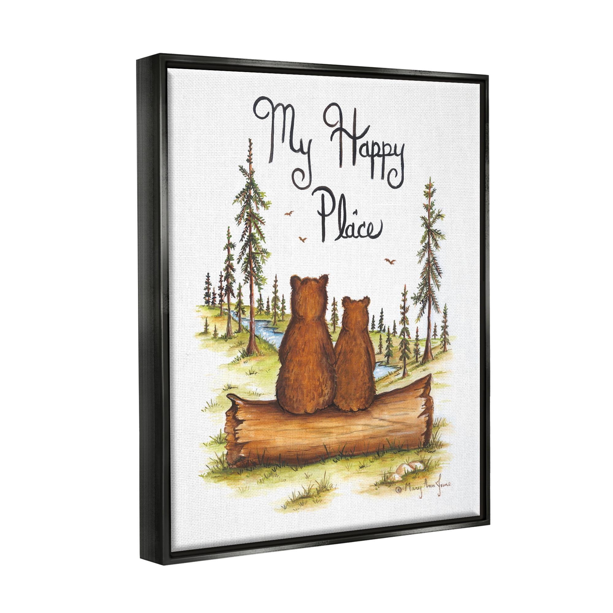 Stupell My Happy Place Woodland Lake Bears Animals & Insects Painting Black Floater Framed Art Print Wall Art