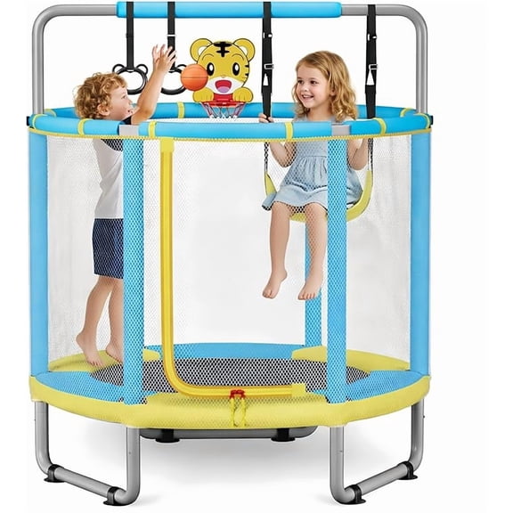 TINKLE WELL Kids Trampoline with Enclosure Net, 55" 4-in-1 Toddler Trampoline with Adjustable Gymnastics Bar & Toys, Indoor Outdoor Mini Trampoline for Boys & Girls, Blue