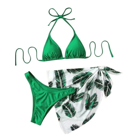 Abomasnow Women s Sexy 3 Piece Hawaiian Printed Bikini Swimwear Summer Holiday Bathing Suits Tie Knot Tie Back Triangle Swimsuit and Skirts Cover Up