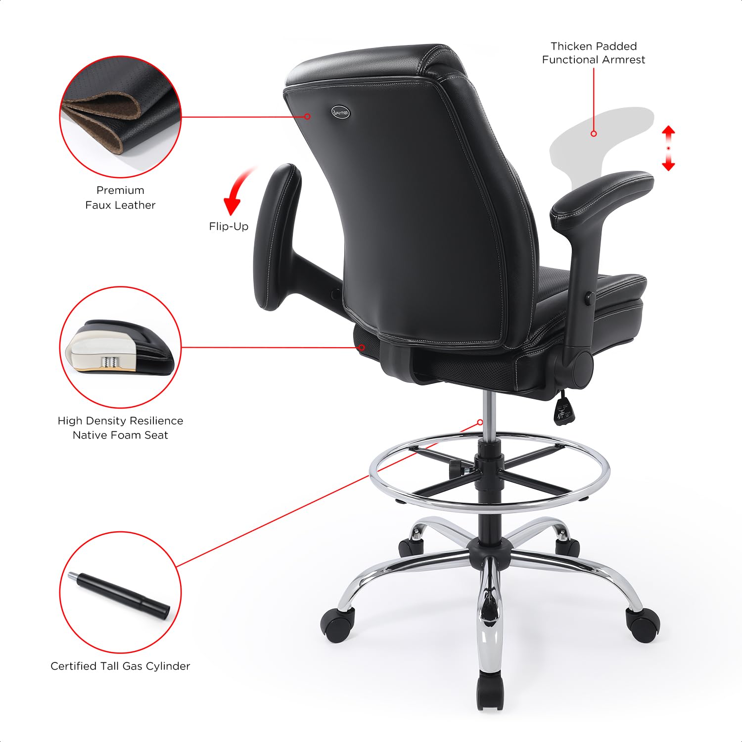 CHAIRMAN® Ergonomic Mid-Back Bonded Leather Adjustable Drafting Chair with Multi-Function Arms and Foot Ring, Standing-Desk Matched Tall Swivel Computer Office Stool, Black
