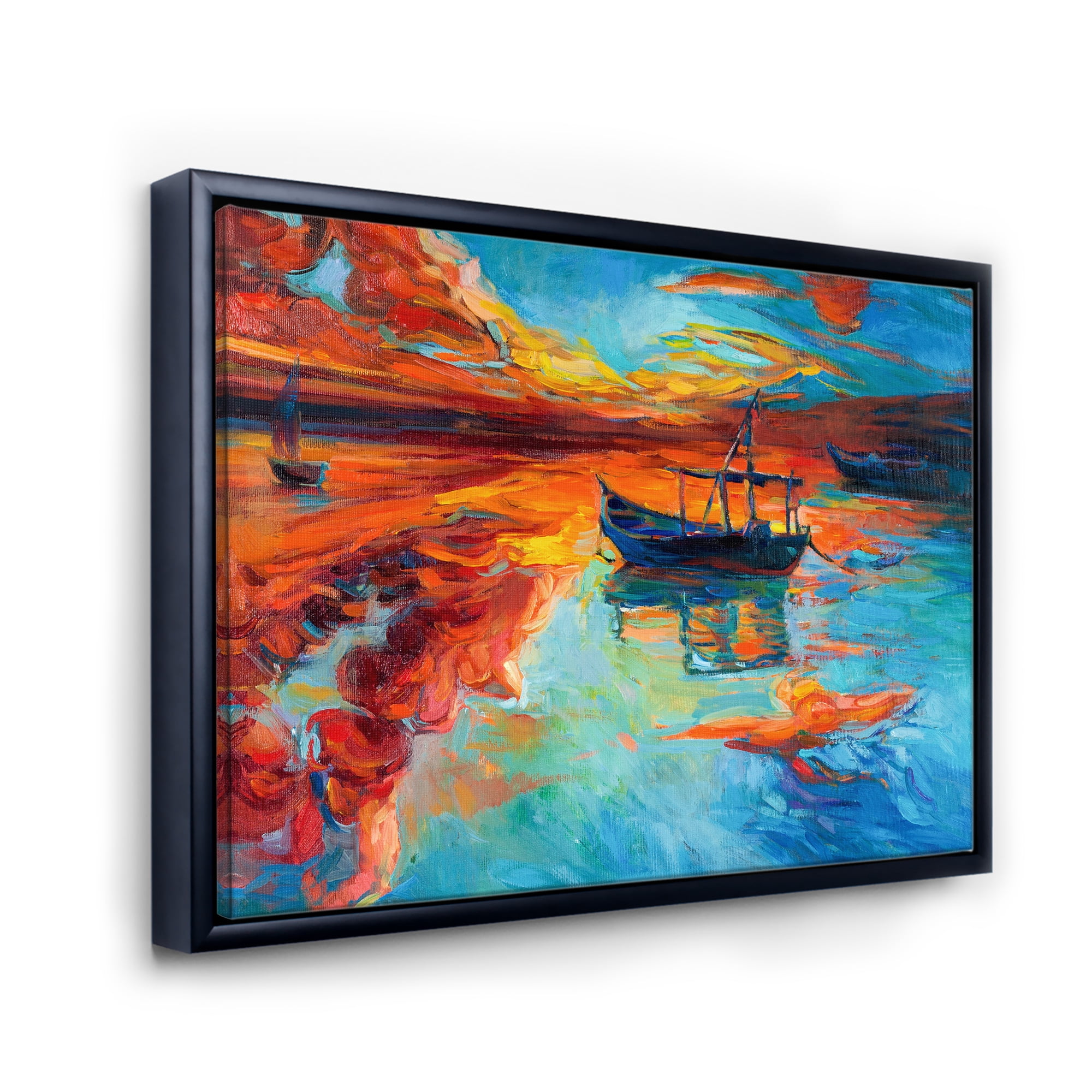 Designart 'Boat At The Lake During Evening Glow IV' Nautical & Coastal Framed Canvas Wall Art Print