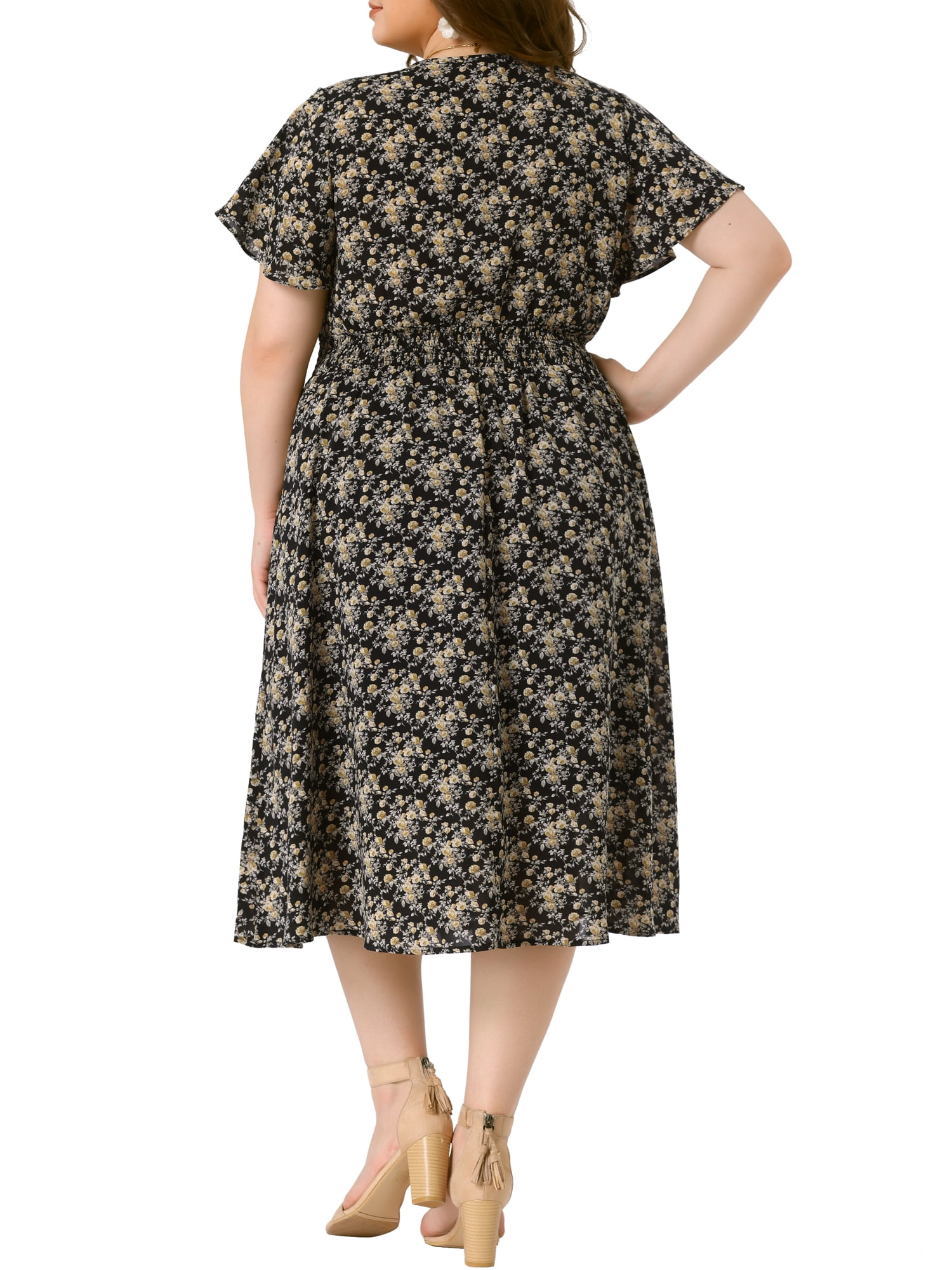 DARING DIVA Plus Size Ditsy Floral V Neck Smocked Waist Midi Dress 2X Black