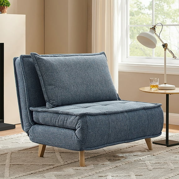 Cozy Blue Gray Fabric Convertible Futon Chair with Wood Legs