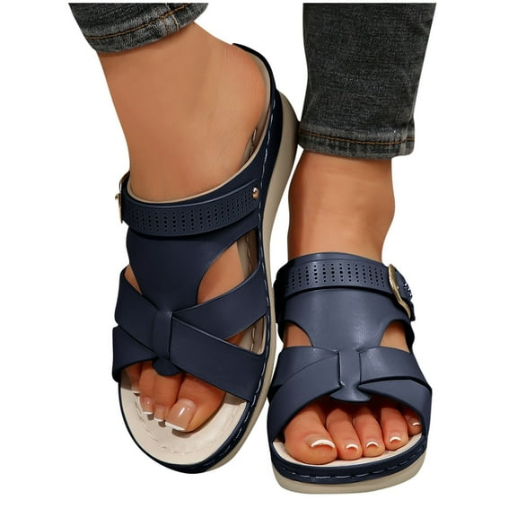 THDHVS Flat Sandals for Women,Women's Sandals,Women's Fashion Casual Summer Style Solid Color Fish Mouth Wedge Heel Thick Bottom Sandals Blue 9