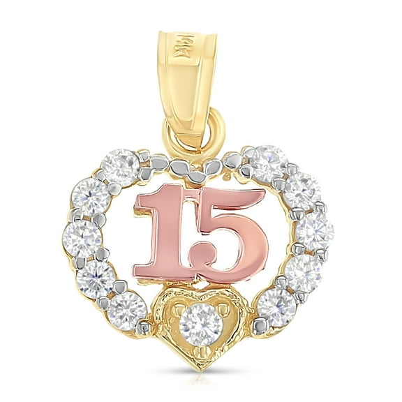 Ioka-14K Two Tone Gold Sweet 15 Years Quinceanera Heart Cubic Zirconia CZ Charm Pendant For Necklace or Chain