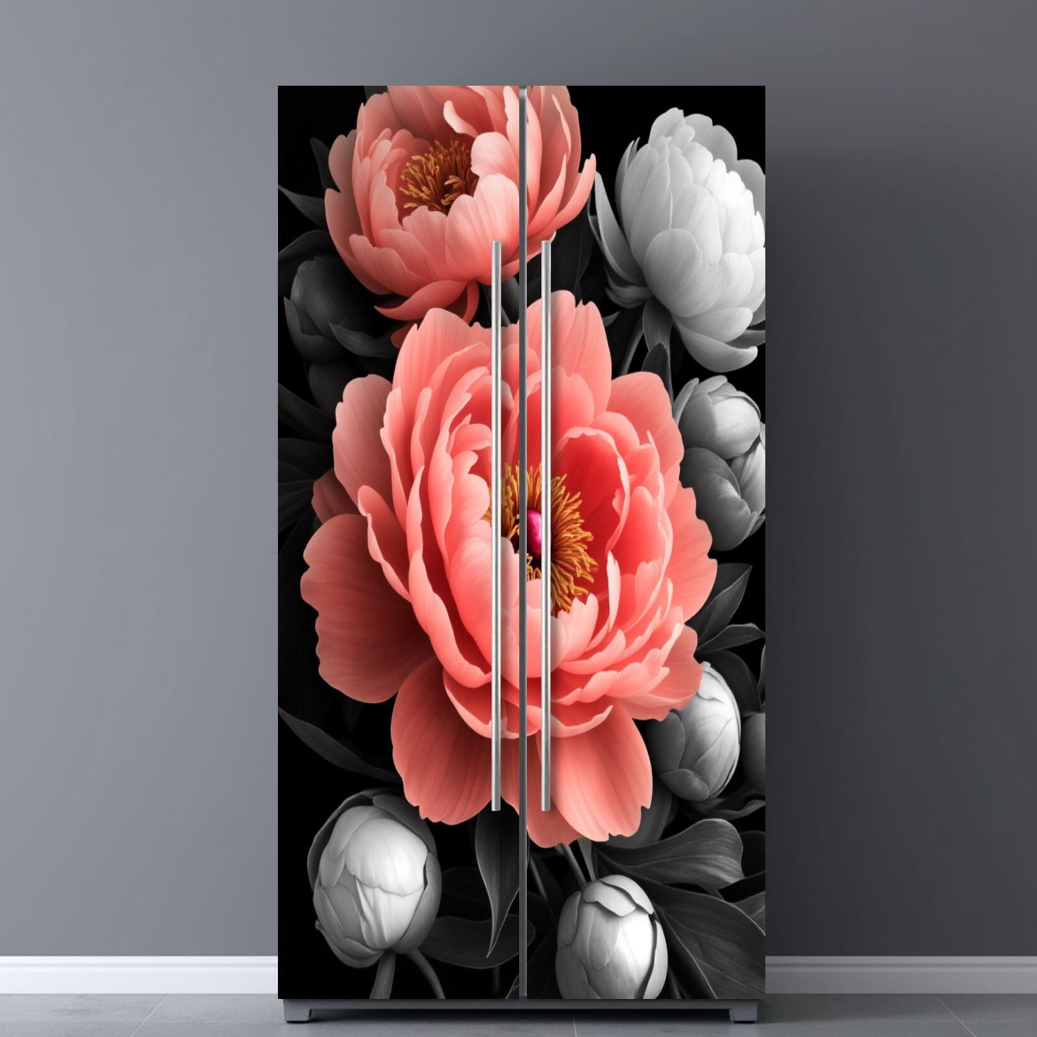 Self Adhesive Vinyl Refrigerator Wrap Set Peony Flower Pink Petals Yellow Stamen Gray Leaves Black Door Mural Removable Fridge Sticker Peel and Stick&nbsp;Full Door Cover Decal Kitchen Bar Decor