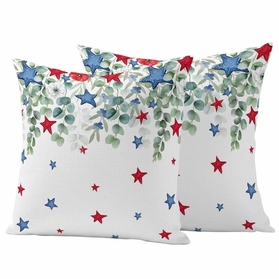 4th of July Outdoor Waterproof Pillow Covers, Memorial Day Patriotic Star Eucalyptus Leaf Decorative Square Throw Pillowcase Sofa Cushion Sham for Patio/Couch/Chair, 16"x16" 2 Pack