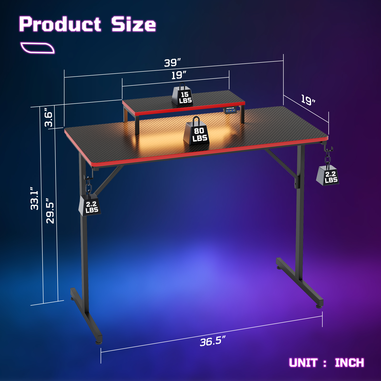 RSPGAME 39" Gaming Desk with LED Lights and Monitor Stand, Red photo 3