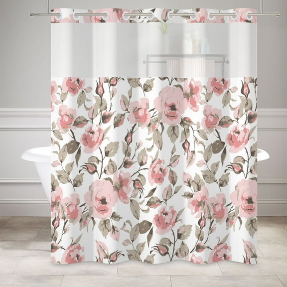 MIZHONA Vintage Shower Curtain with Snap in Liner,Pink Floral Fabric Bathroom Curtain,71"× 74"