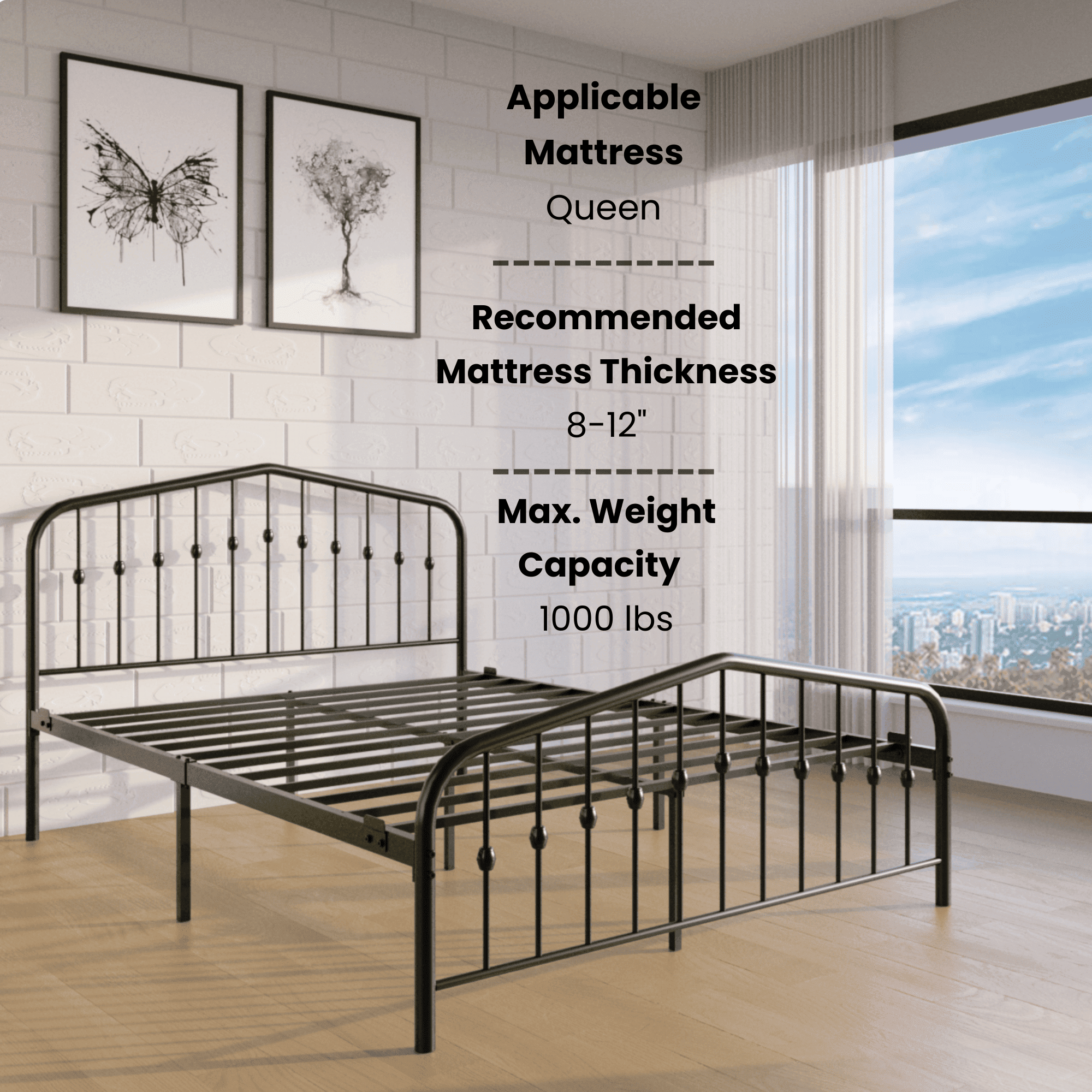 Golden Gate Beds Washington Metal Platform Bed Frame with Antique Victorian Wrought Iron-Art Headboard and Footboard, Classic Vintage Art Deco Style Foundation, No Box Spring Needed, Black,Queen Size