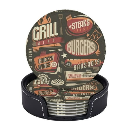 

Fast Food Restaurant Menu Coasters With Leather Holder Set Of 6 Round Coasters for Home and Kitchen Decor