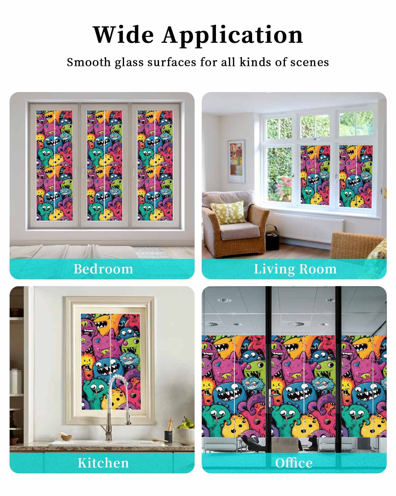 Window Privacy Film Colorful Cute Monsters Stained Glass Window Film Decorative Sun Block Window Cover Abstract Art Modern Window Clings Static Adhesive Sticker for Bathroom 23.6"x59"