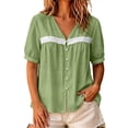 thumbnail image 2 of LEKWK Linen Shirts for Women Lace Short Sleeve Button Down Shirt Loose Fit Casual V Neck Going Out Tops Summer Fashion Beach Vacation Clothes, 2 of 5