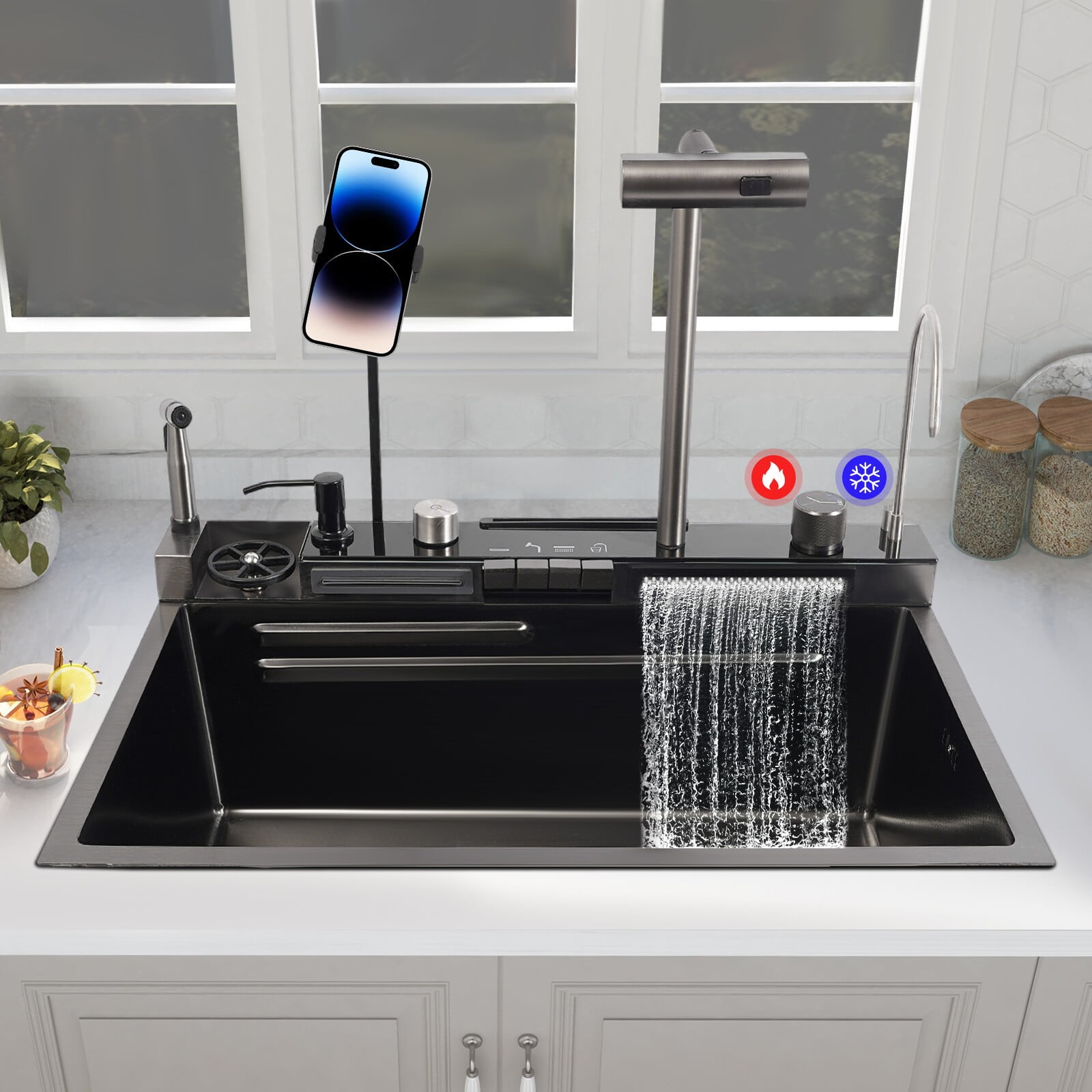 Stainless Steel Single Slot Digital Kitchen Sink Faucet Flying Rain Waterfall 75*46*23cm