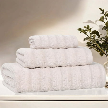 Superior Zuma Waffle Textured Stripes Zero Twist 3 Piece Towel Set, Silver