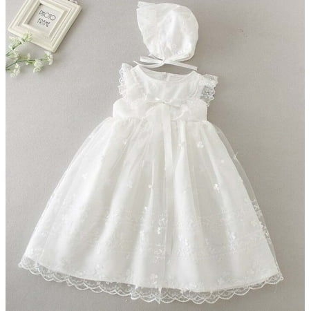 

Baby Girls Sleeveless Baptism Dress Christening Gown with Bonnet Embroidery Lace Design 24M