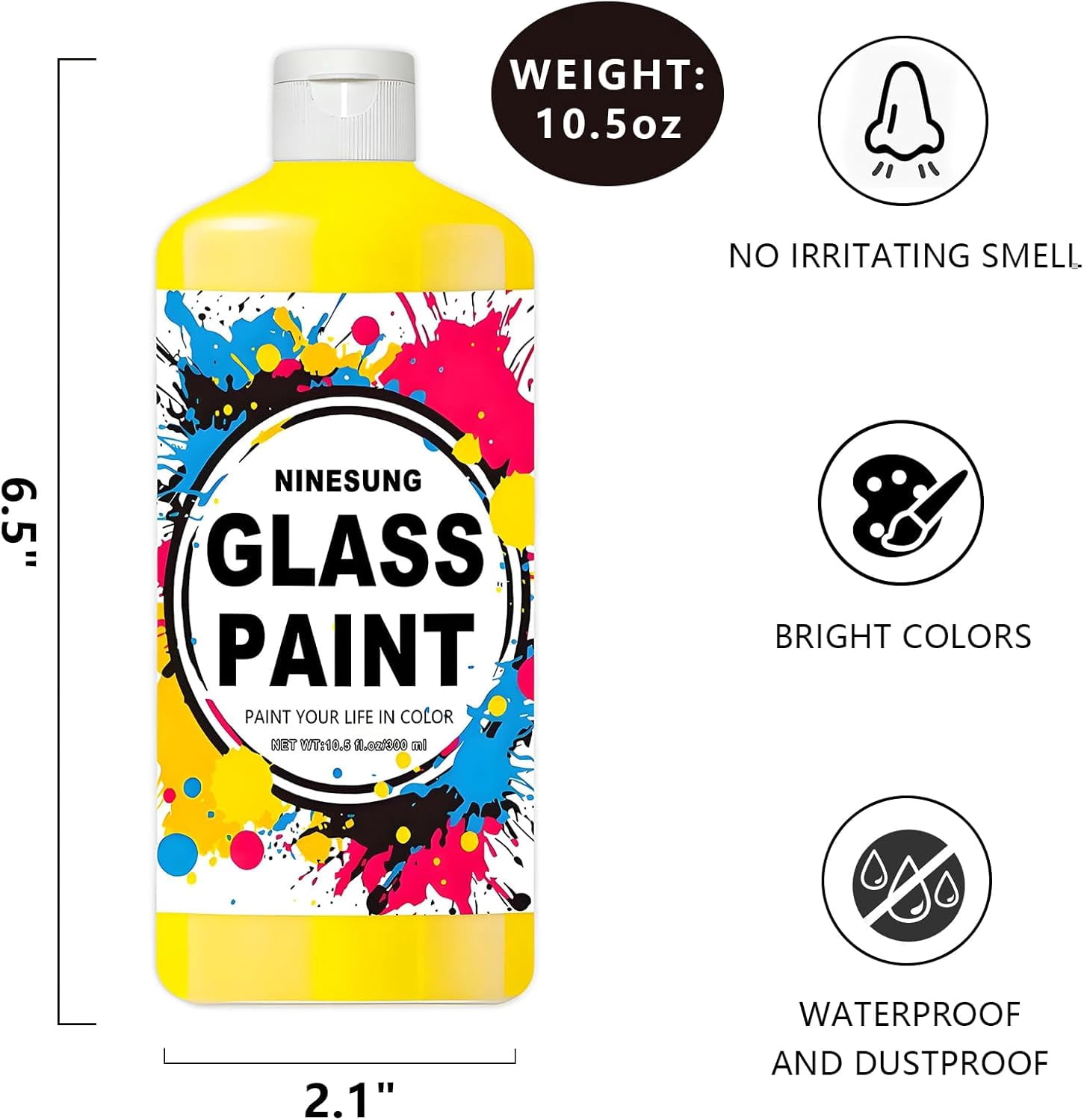 Non-Toxic Acrylic Glass Paint - 10.5oz (300ml) Yellow Craft Paint for Windows, Ceramics, DIY Art & Glass Painting, Water-Based, Vibrant & Washable (Yellow, 10.5 oz)