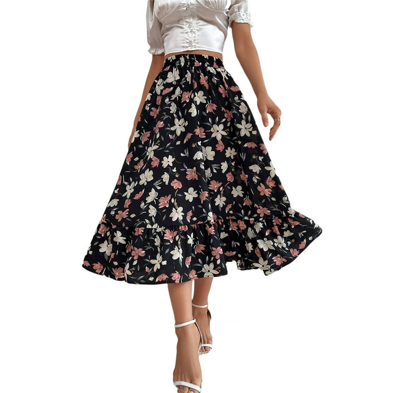 Gureui Women s Long Skirt Elastic Waist Vintage Floral Printed