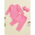 thumbnail image 5 of FEORJGP Toddler Baby Girls 3 Piece Basic Outfits 0 3M 6M 12M 18M Infant Long Sleeves Romper Solid Color Ribbed Jumpsuits and Elastic Pants Headband Kiasual Cute Clothes for Spring Fall Daily, 5 of 7
