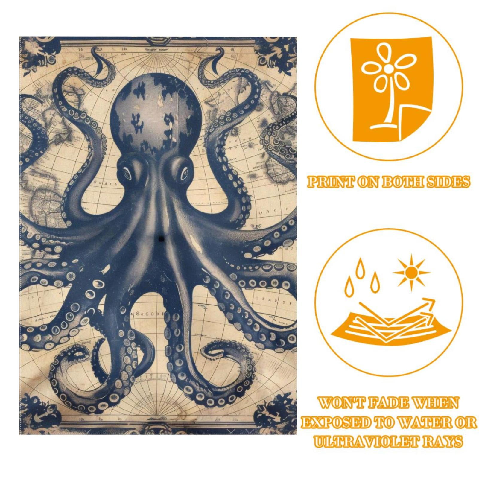 Funny Ocean Octopus Anchor Vintage Coastal Map Double Sided Garden Flag Decorative Weather Resistant Yard Flag, Large DIY Vertical Flag for Farmhouse Patio Lawn, 28x40 Inch
