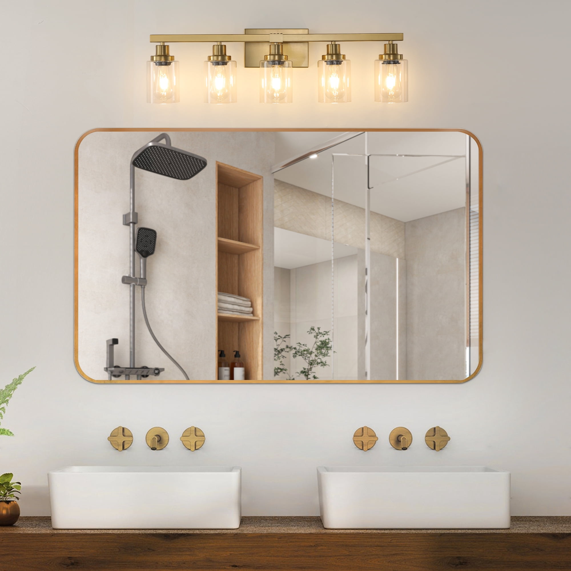 Leumius Modern Golden 5-Light Bathroom Vanity Light Fixture, Industrial Wall Sconce with Clear Glass Shades for Mirror, Bathroom, Bedroom and Hallway (No Bulbs)
