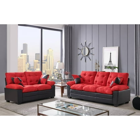 Bamboo Living Room Furniture Set With Cushion Living Room Simple Classic Plush Cushion Sofa And Loveseat Microfiber Upholstery Furniture Couch 2pc Sofa Set Red And Black Color ()