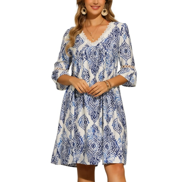 Vestido de verano V cuello INSPIRE CHIC para mujer, estampado bohemio, con volantes en las mangas, estilo swing, corte A, casual de playa, mini vestido S azul