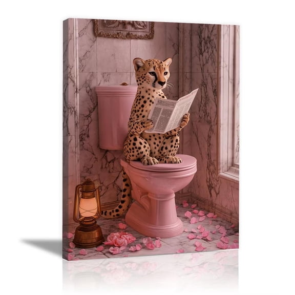 Mudket Cheetah on Pink Toilet Reading Newspaper Canvas Wall Art, Funny Bathroom Humor Wall Decor Pictures Waterproof Print for Bathroom Powder Room Home Decor , Framed Ready to Hang - 12"L x 8"W