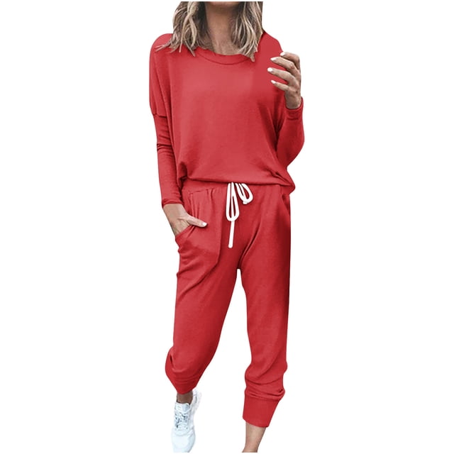 FAIWAD Ensemble 2 Pcs pour Femmes, Haut à Manches Longues Col Rond et Pantalon de Jogging Long, Tenue Décontractée