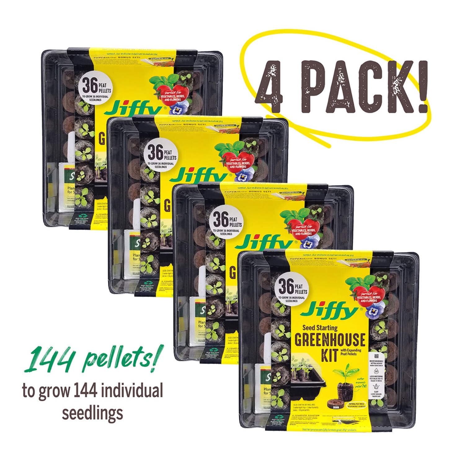 Jiffy 36 Cell Plastic Seed Starting Greenhouse Kit, 36mm Peat Pellets (Pack of 4)
