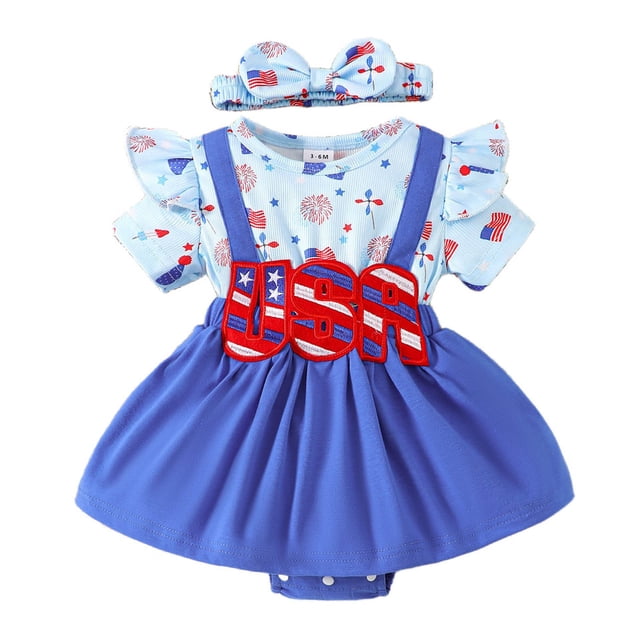 Barboteuse à Manches Courtes pour Filles Fête de l'Indépendance 4 Juillet Imprimés Robe
