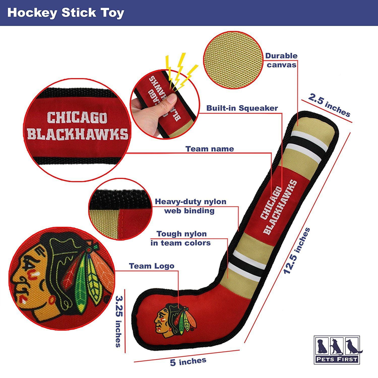 Pets First NHL Chicago Blackhawks Hockey Stick Toy for Dogs & Cats - Heavy-Duty, Durable Dog Toy with Squeaker