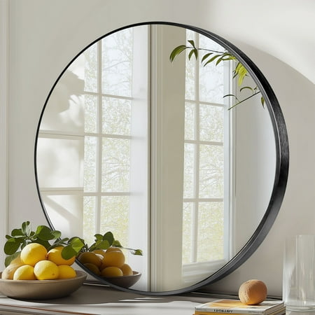 EDX 24  Wall Round Mirror with Crystal Clear Reflection  Convenient Hanging Hooks  and Premium Aluminum Alloy Construction  Black