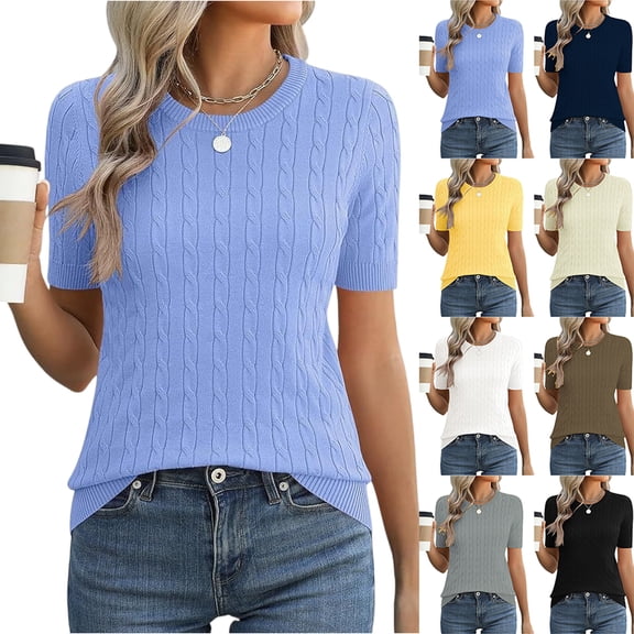 Women's Cable Knit Short Sleeve Sweater Tops Round Neck Lightweight Casual Outfit Spring Summer Office Streetwear Vacation Beige L